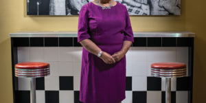  Helena Hicks, at Morgan, in front of a sit-in photo from Arundel Ice Cream.Photography by Christopher Myers
