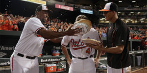  Chris Parmelee getting one of three pies to the face after his epic Tuesday night game.Courtesy of the Baltimore Orioles