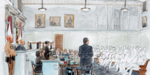  A courtroom sketch of jury selection in the trial of Officer William Porter, who is facing charges related to the death of Freddie Gray.Illustration by Arthur Lien
