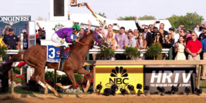  California Chrome crossing the finish line at the 2014 Preakness Stakes.Courtesy of Preakness