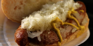  A brat with sauerkraut and mustard from Frank's Bratwurst stand at the West Side Market.Cleveland.com