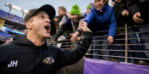 Coach John Harbaugh thanks fans after Sunday's victory over the Cleveland Browns.Baltimore Ravens