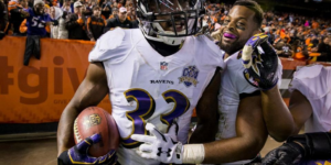 Will Hill celebrates after his game-winning touchdown in Cleveland.Courtesy of the Baltimore Ravens